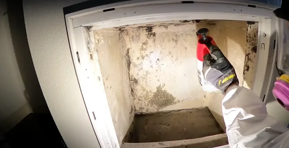 The technician spraying disinfectant on mold in an air duct