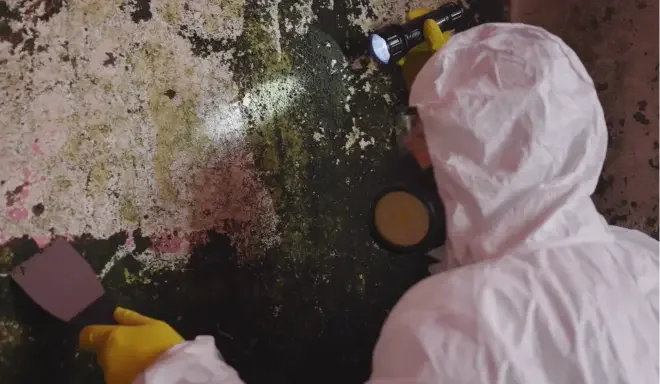 A technician scrubbing the mold affected surface